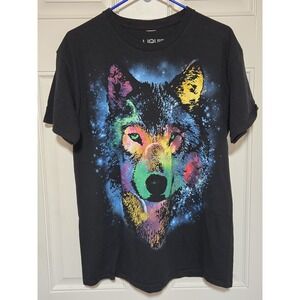 Liquid Blue Cosmic Wolf Psychadelic Black Cotton T‎ Shirt Large